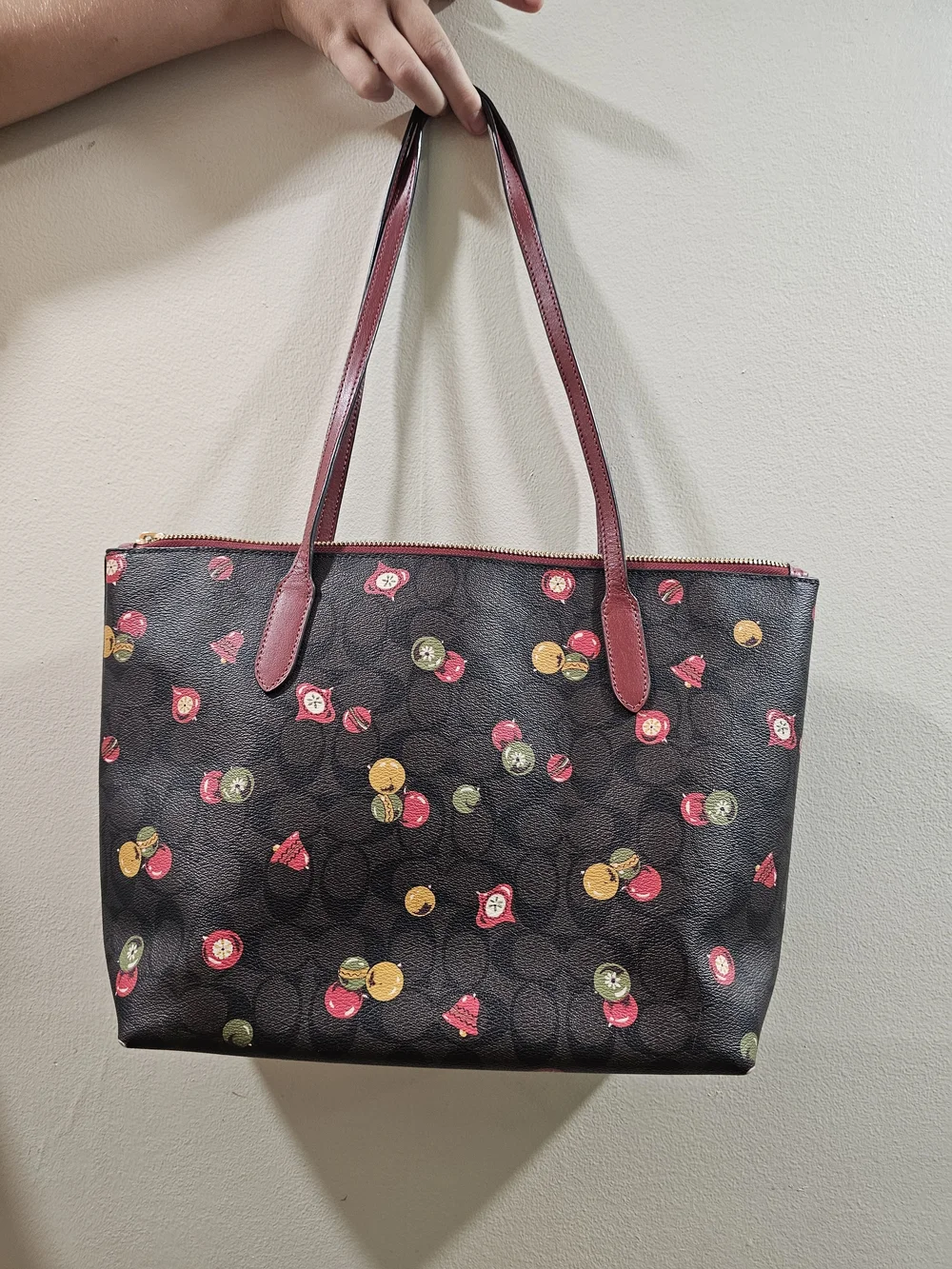 Coach Ornament Print Tote Bag in Red, Green and Gold